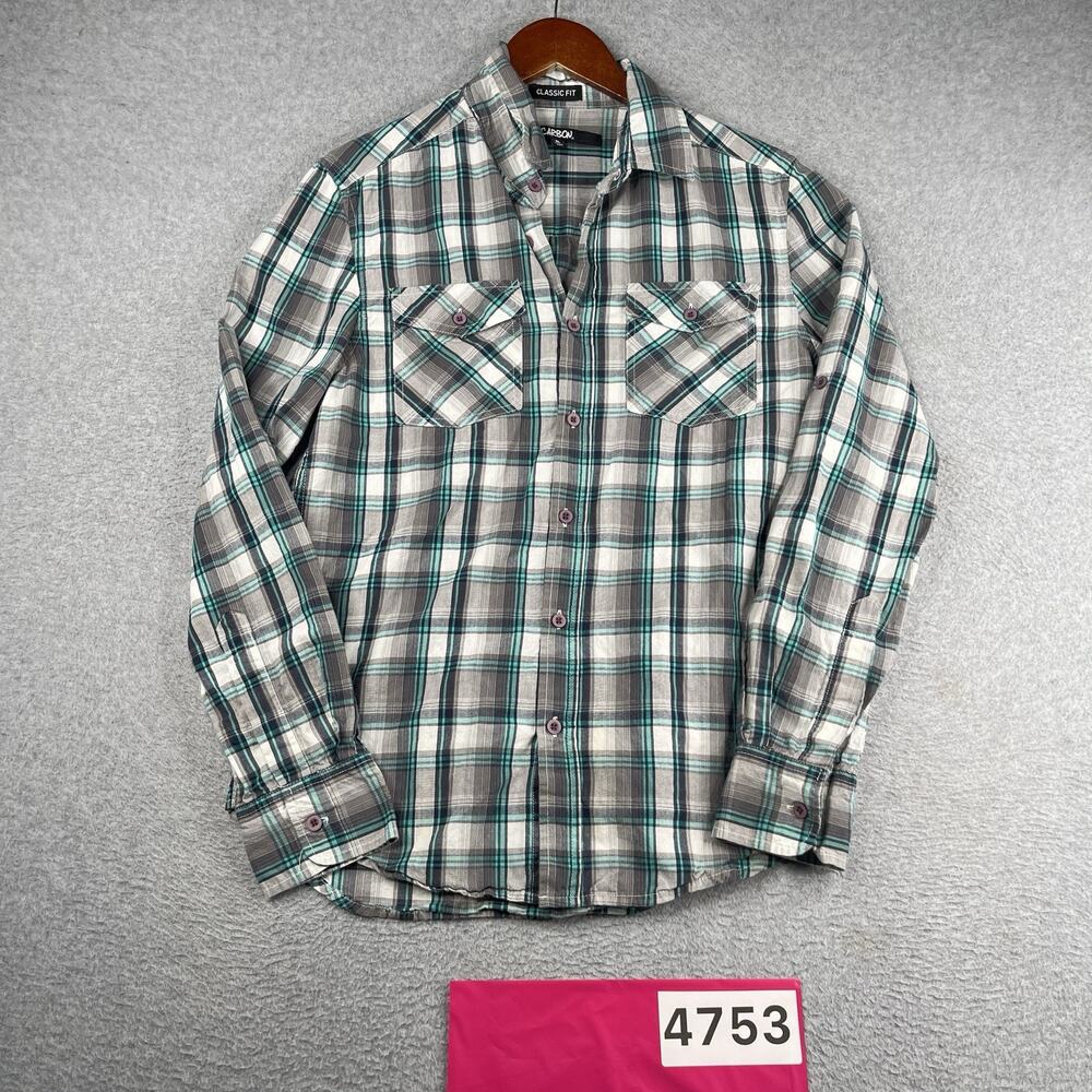 Carbon CLassic Fit Shirt Gray Teal Plaid Button Up Long Sleeve Mens Small